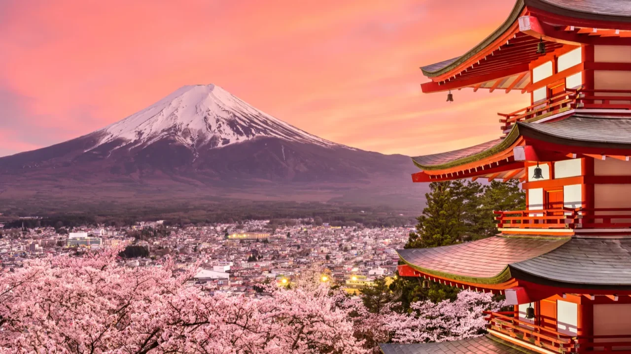 mt fuji and pagoda in spring