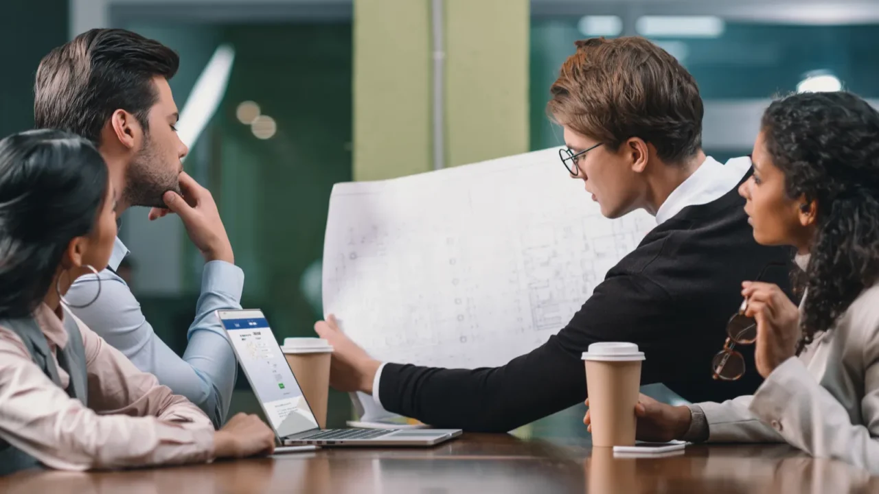 multiethnic business team working with blueprint on meeting