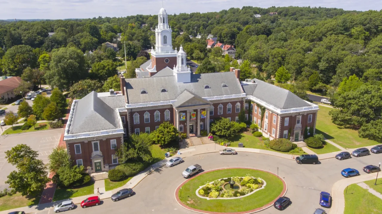 newton city hall aerial view in downtown newton massachusetts usa