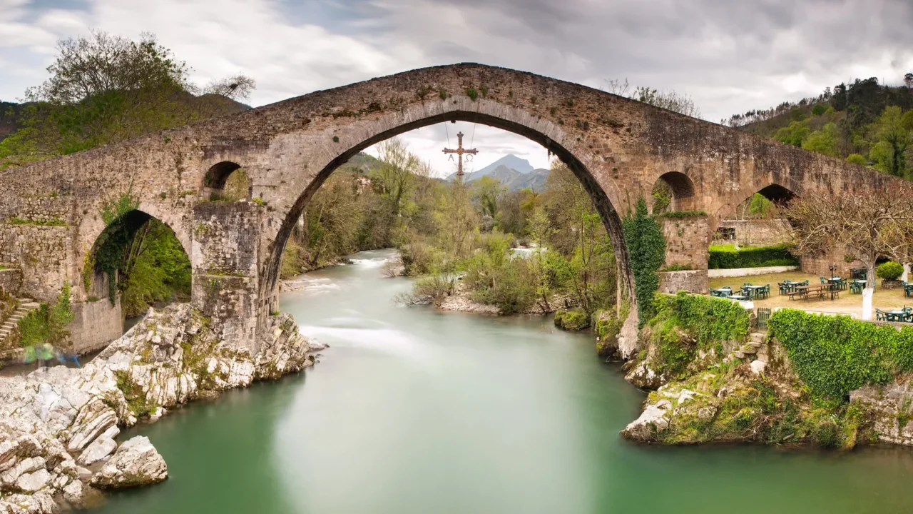 old roman stone bridge in cangas de onis asturias spain