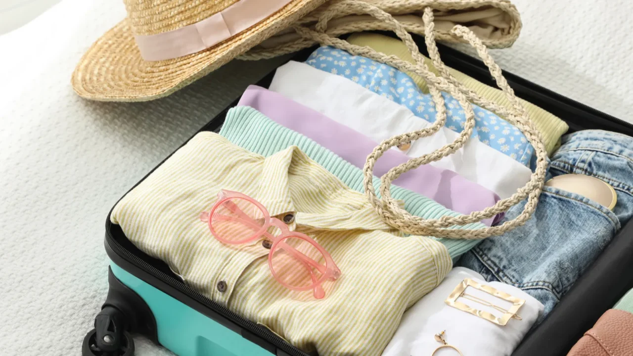 open suitcase packed for trip and accessories on bed