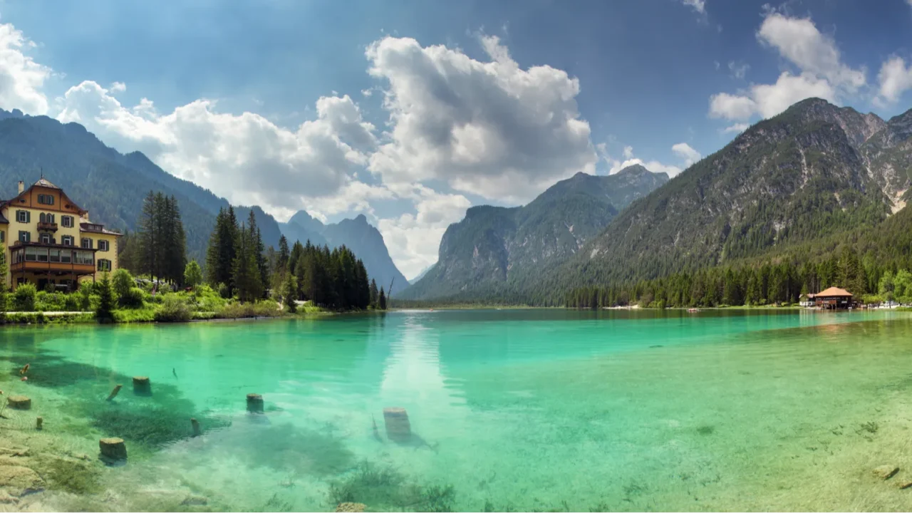 panorama of lake dobbiaco dolomites mountain