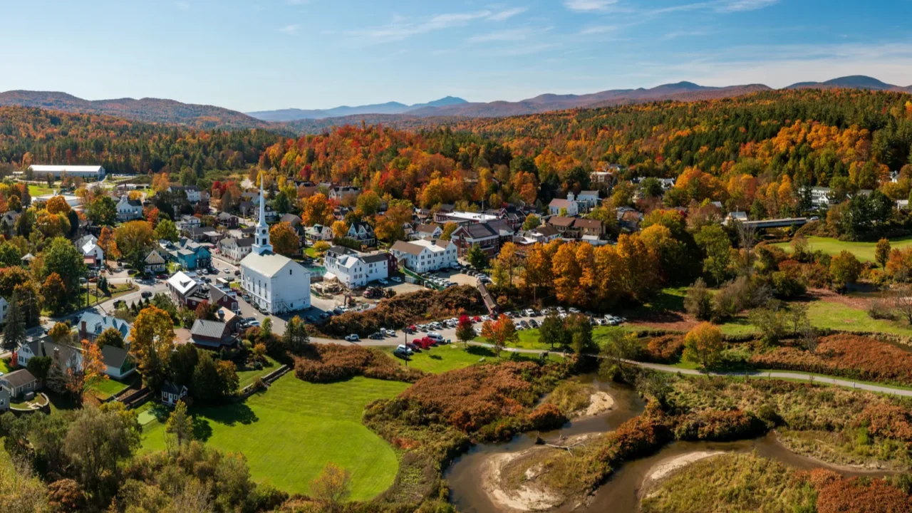 panoramic aerial view of the town of stowe in vermont