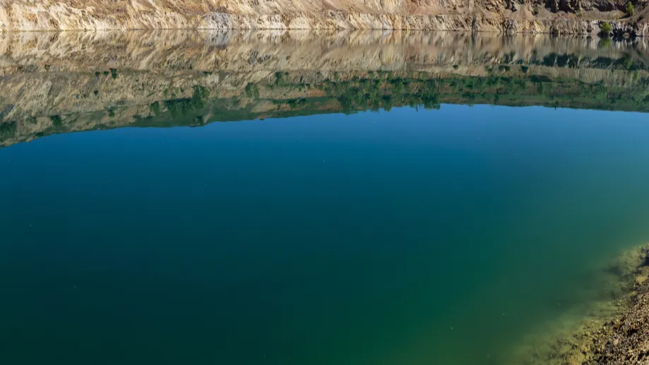 panoramic view from the bottom of a crater filled with