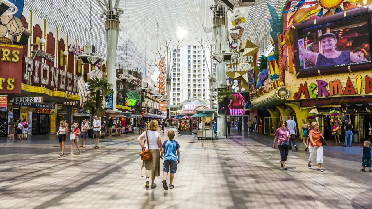 People visit on daytime famous old Freemont Street experience, downtown Las Vegas.