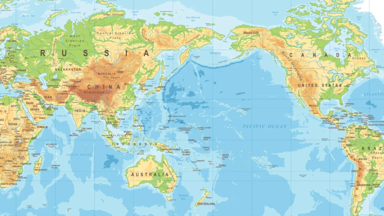 political physical topographic colored world map pacific centered