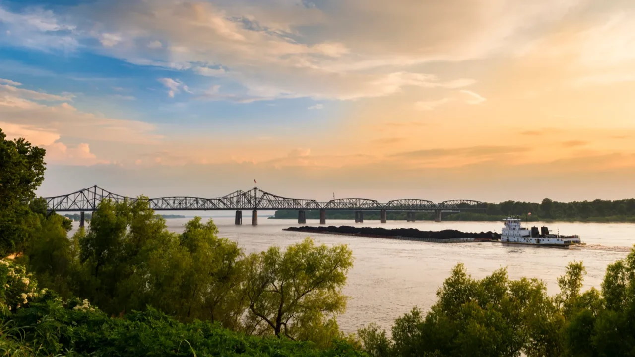 pusher boat in the mississippi river near the vicksburg bridge