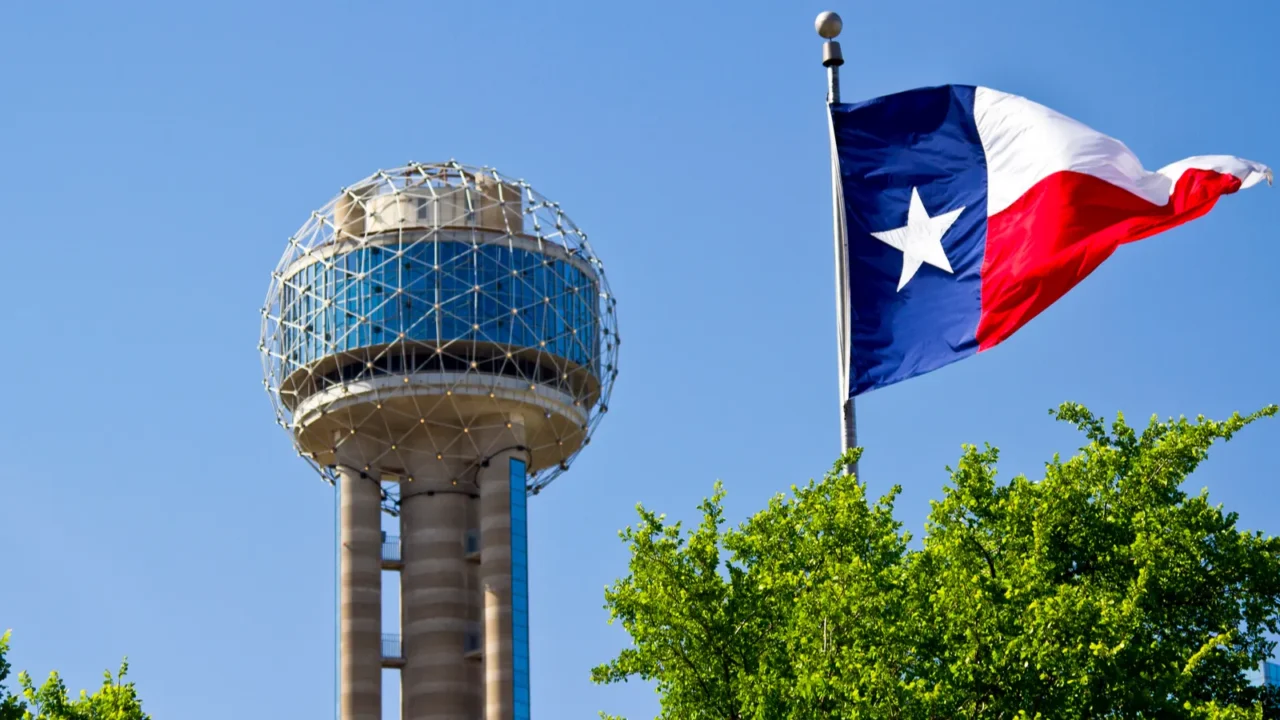 reunion tower in dallas texas on a sunrise spring morning