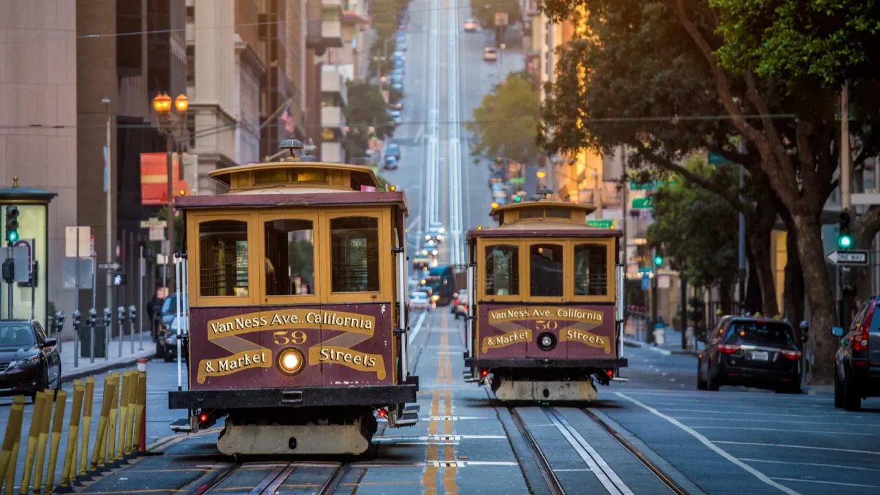 san francisco cable cars on california street at sunrise california