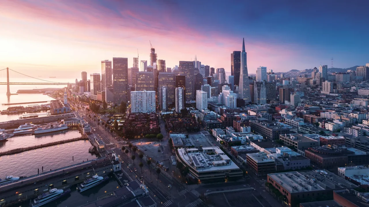 san francisco panorama at sunrise with waterfront and downtown california