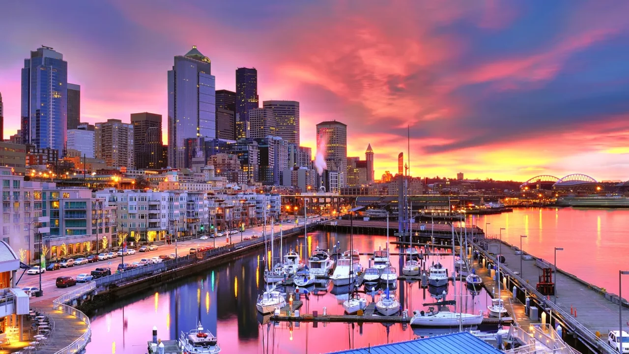 seattle skyline and waterfront in sunrise