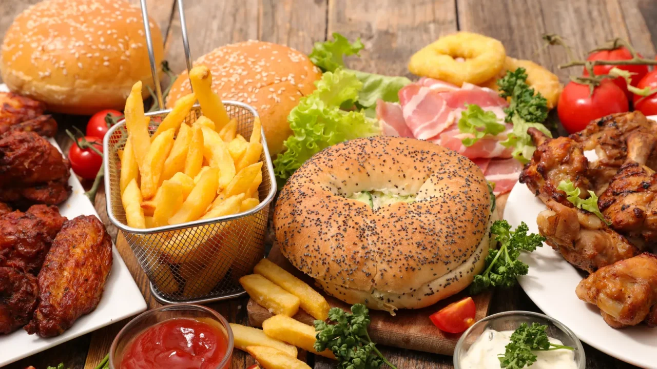 selection of traditional american food on wooden table
