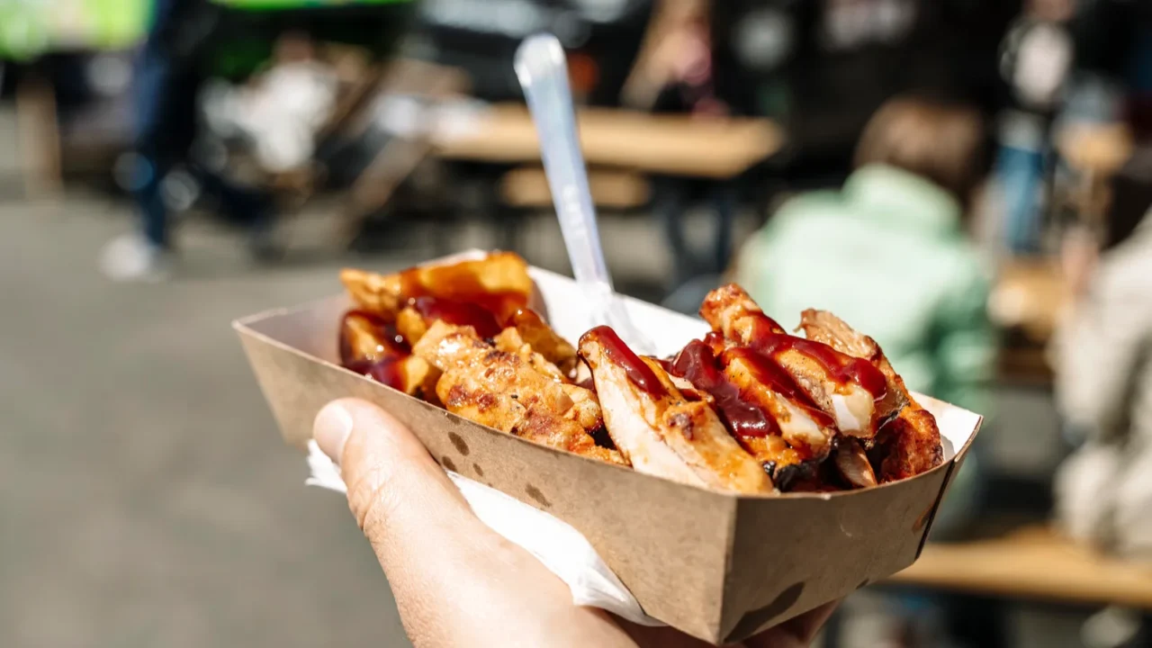 street food chicken on hipster market grill and barbecue food