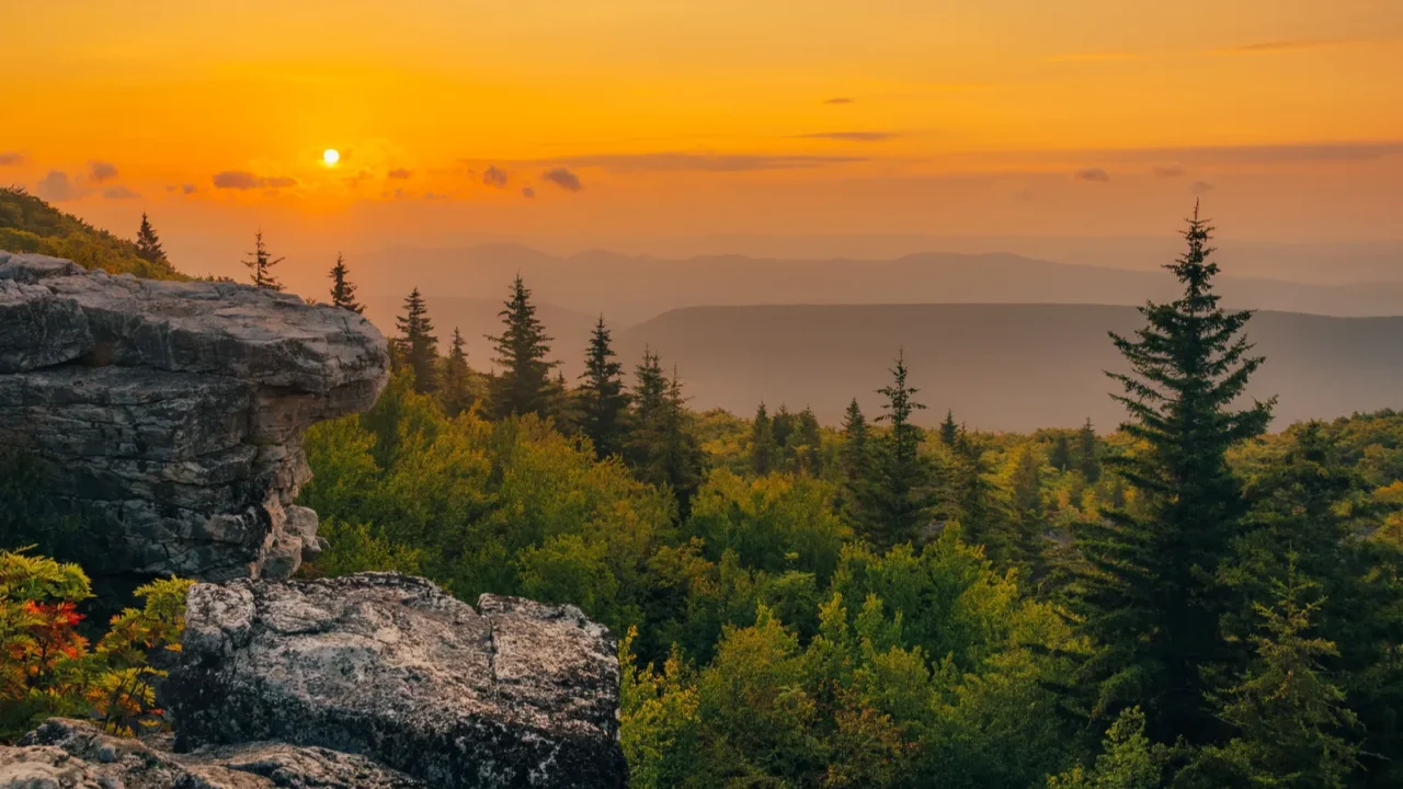 Sunrise at Bear Rocks Preserve, in Monongahela National Forest, over the Allegheny Front, West Virginia.