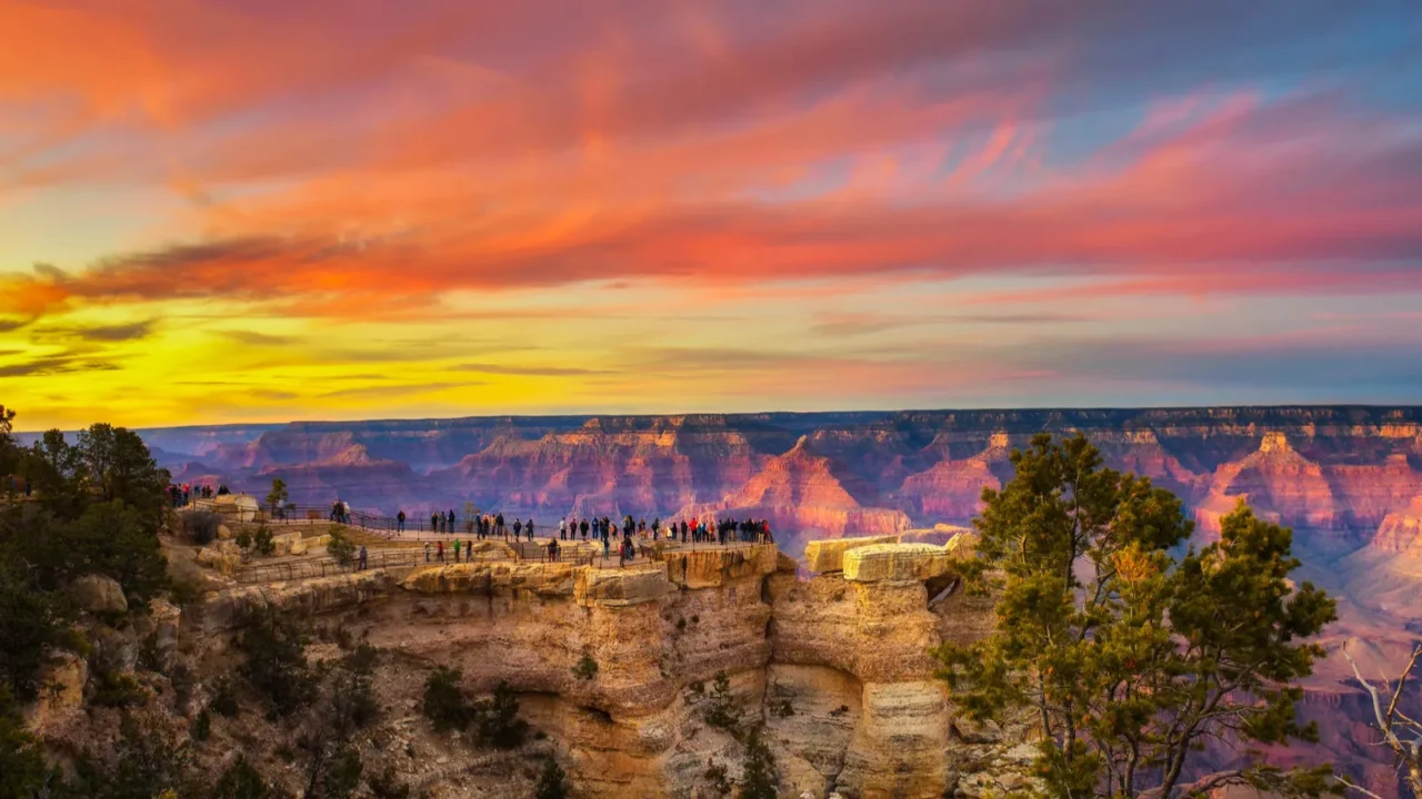 sunset above south rim of grand canyon from the mather