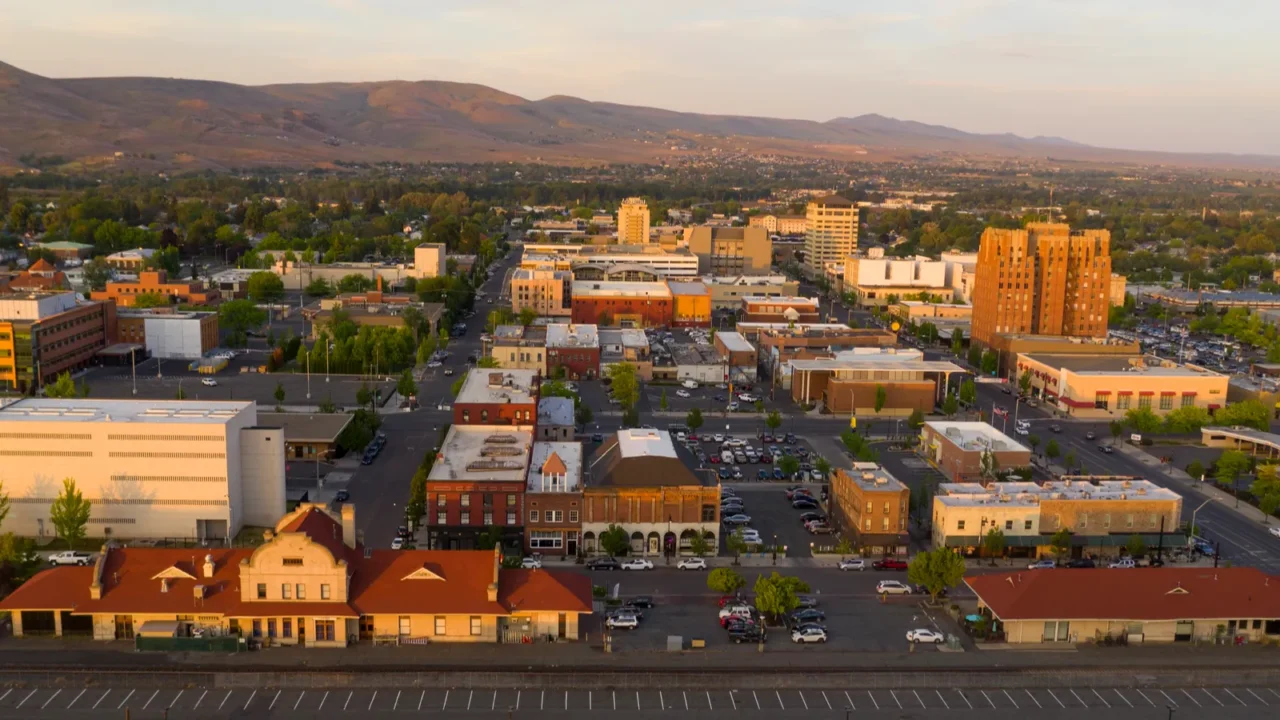 Beautiful light illuminated the downtown urban core city center of Yakima, WA.