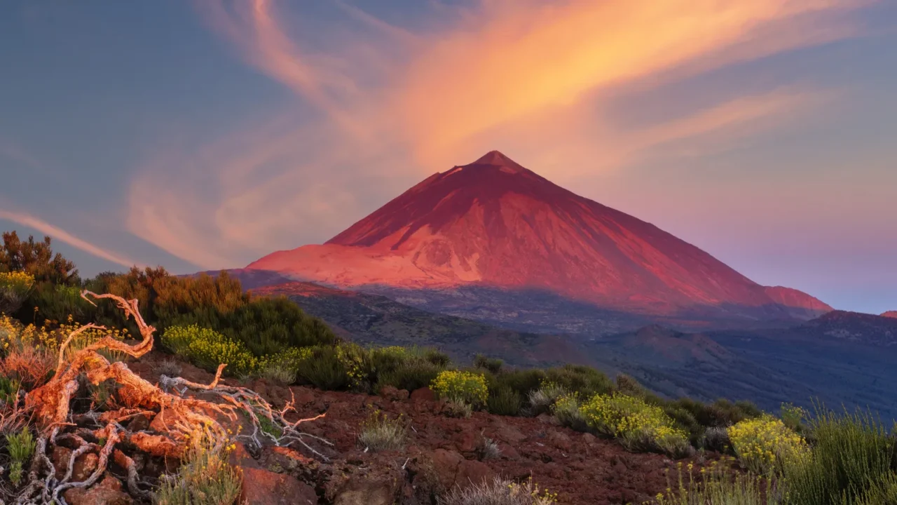teide volcano in tenerife in the light of the rising