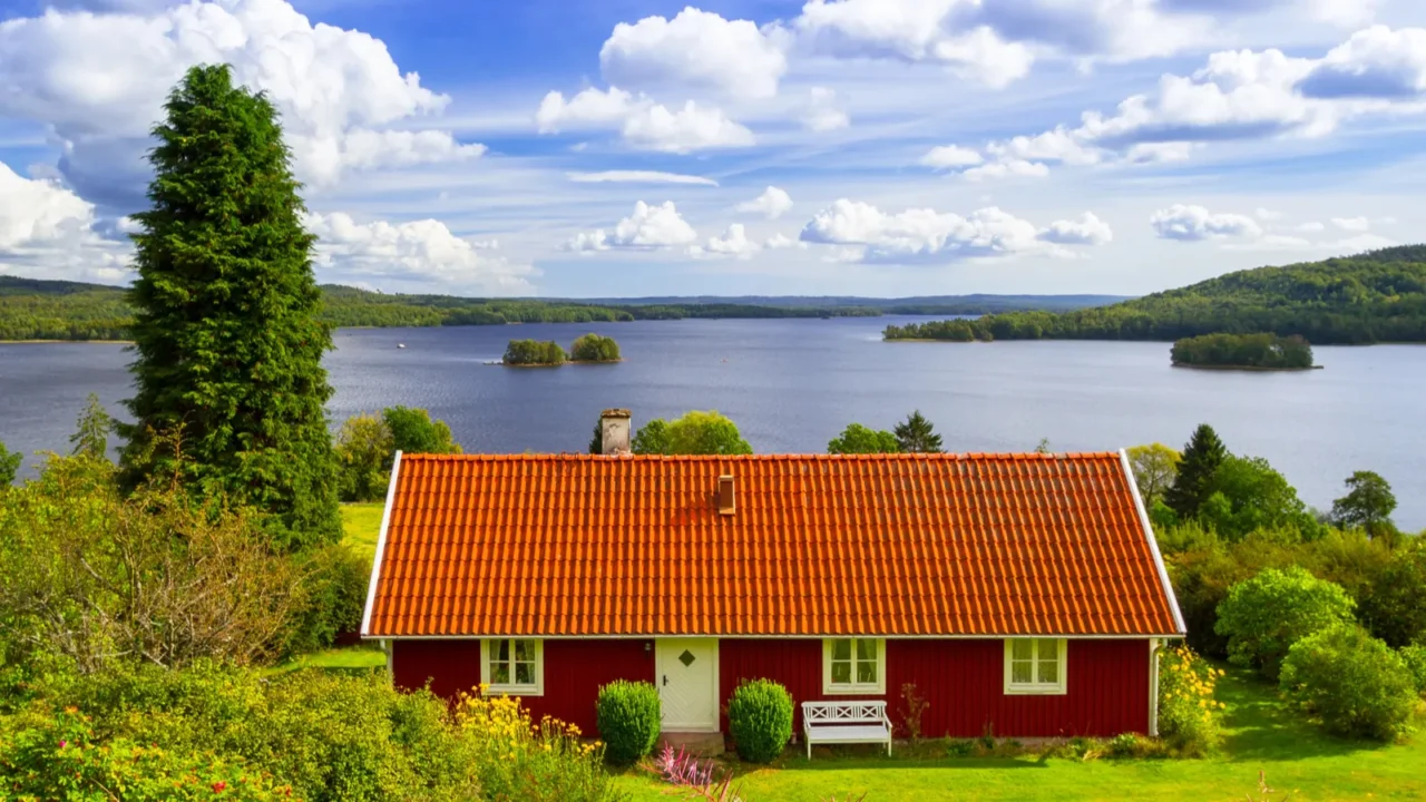 traditional red cottage house at the lake in sweden