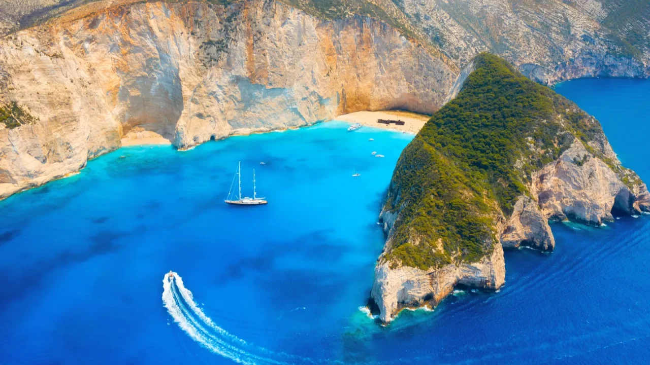 view of navagio beach zakynthos island greece aerial landscape azure