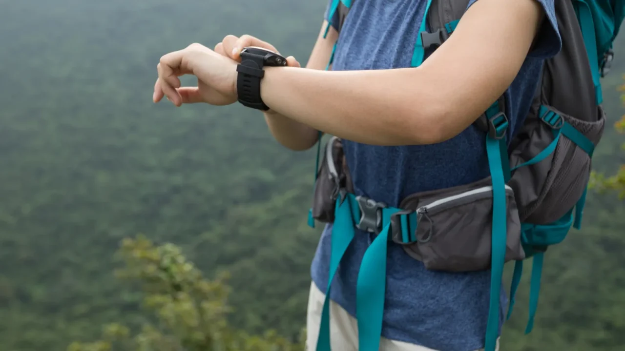 woman hiker checking on smartwatch on mountain top