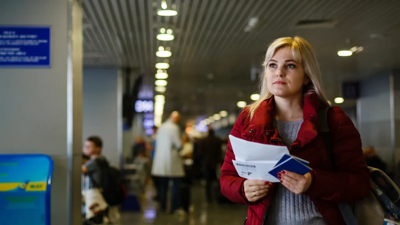 young woman standing near d13 gate in airport with documents