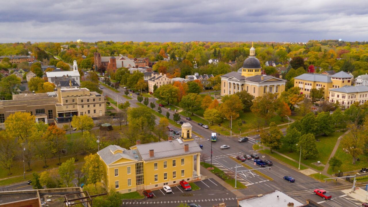 The Ontario County Courthouse stands out on Rochester in downtown Canandaigua New York.
