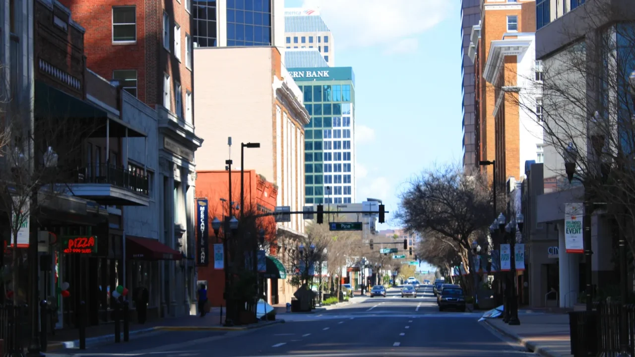a horizontal view of downtown orlando florida looking north on