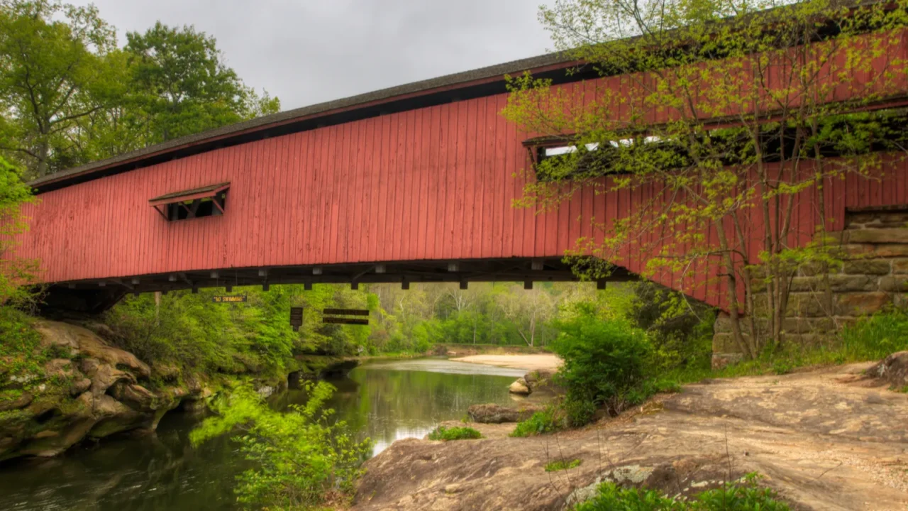 a scene of narrows covered bridge in indiana united states