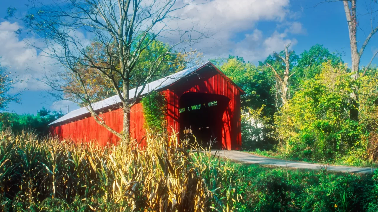 a wooden covered bridge in the countyside of rural america