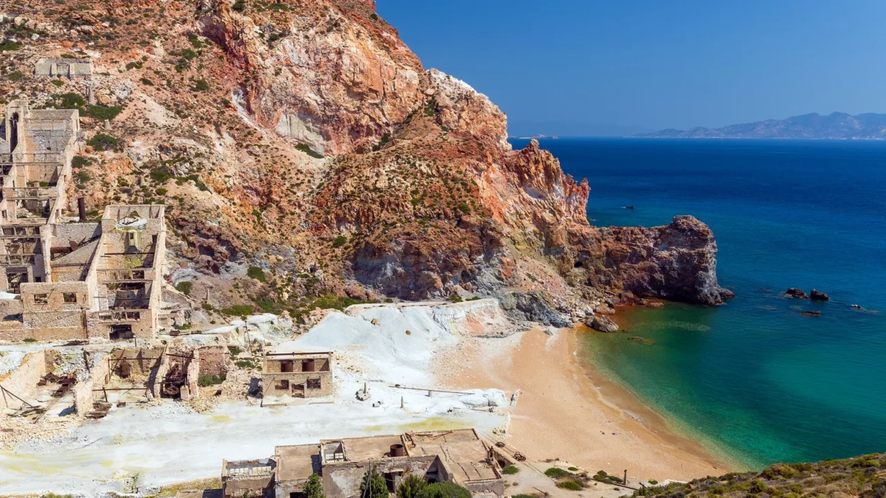 abandoned sulfur mines beach milos island cyclades greece