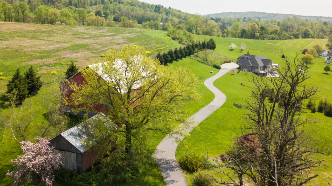 aerial of farmland and farm homes in aspers pennsylvania