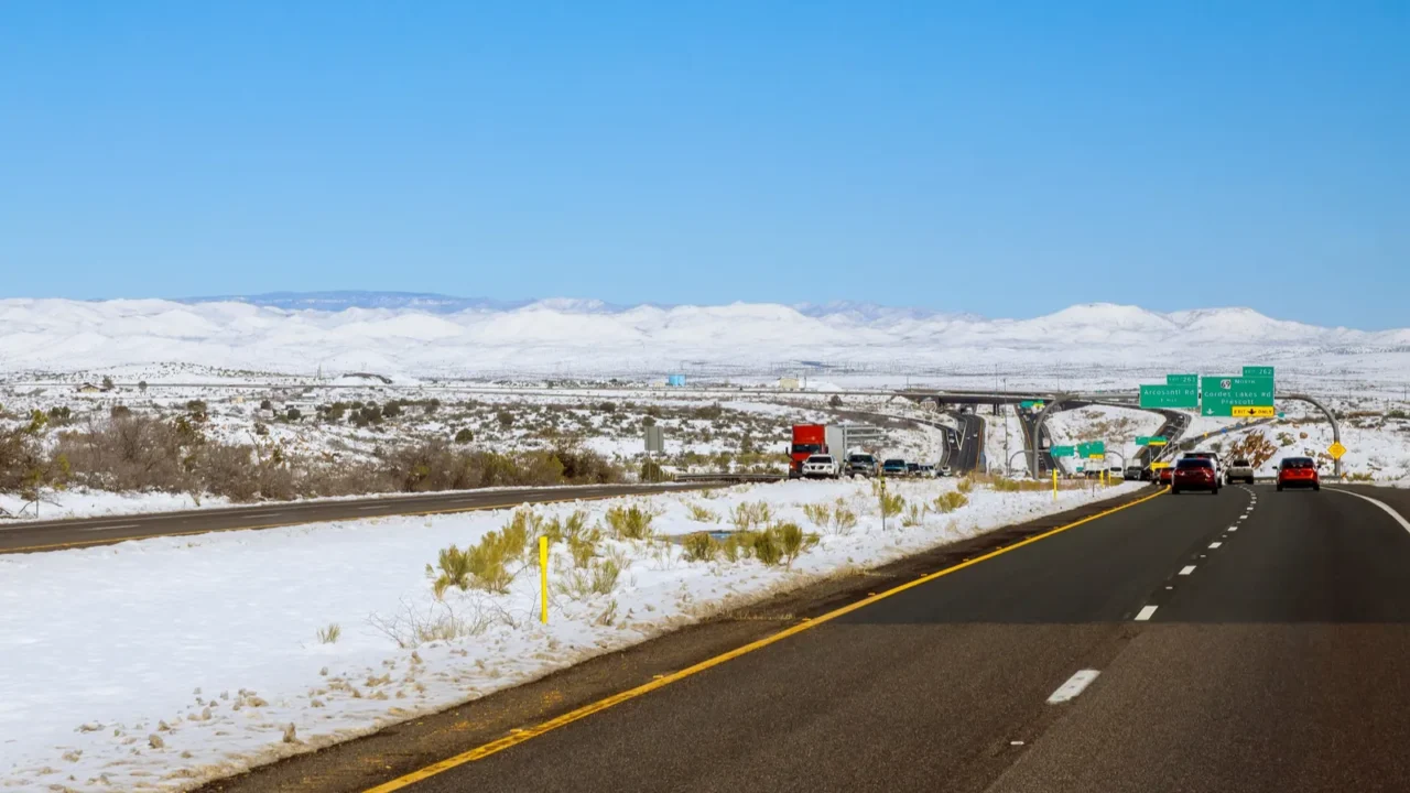 aerial view desert after snowstorm of interstate 17 near flagstaff