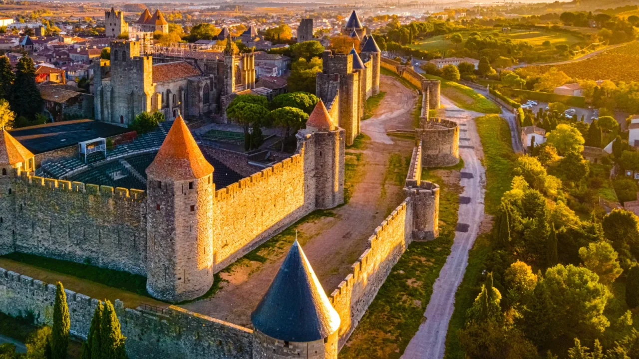 aerial view of carcassonne a french fortified city in the
