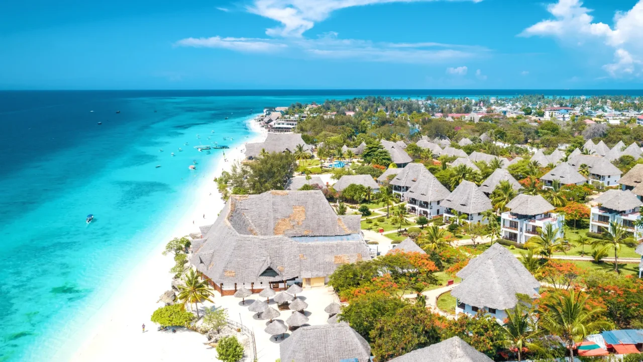 aerial view of nungwi beach in zanzibar tanzania with luxury
