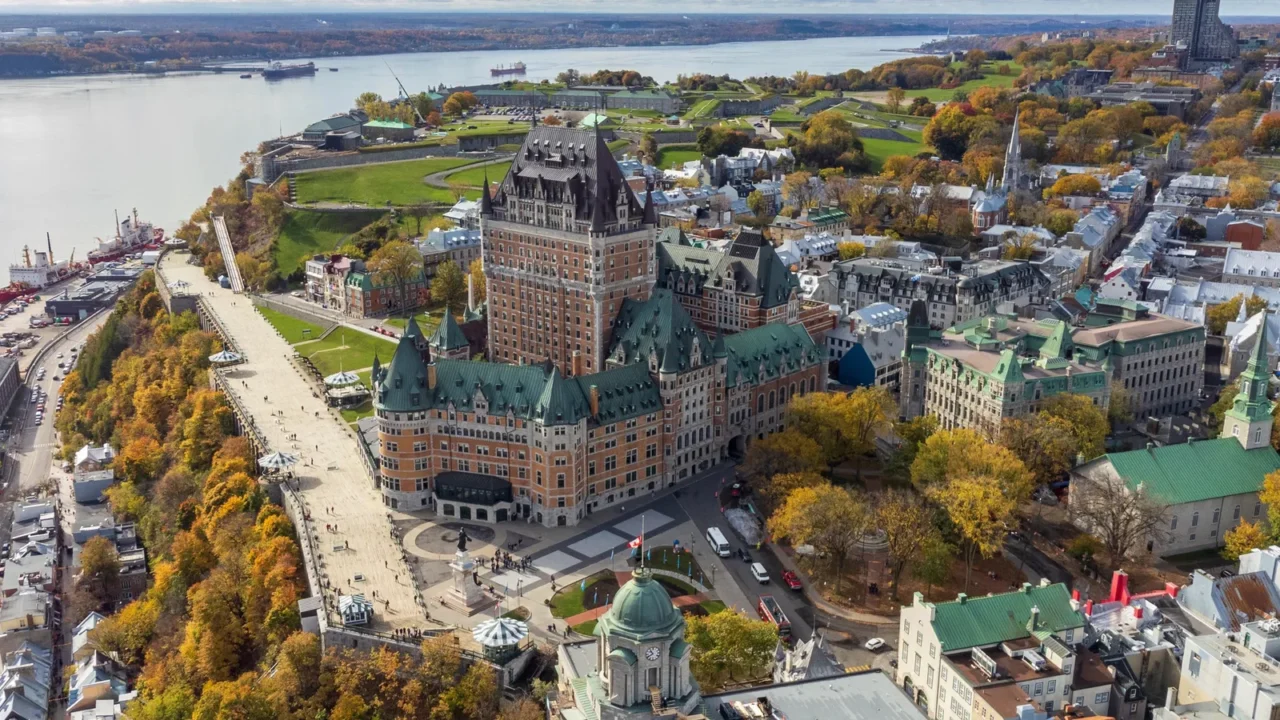 aerial view of quebec city old town in the fall