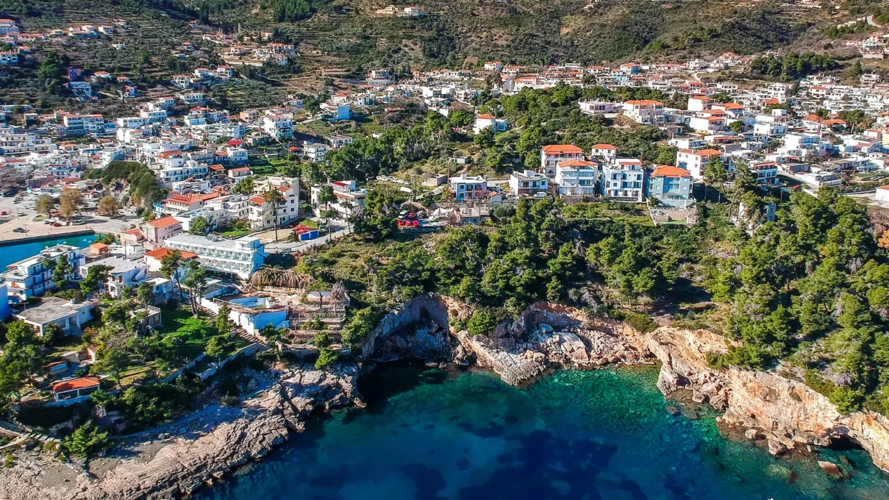 aerial view over patitiri town in alonnisos island greece