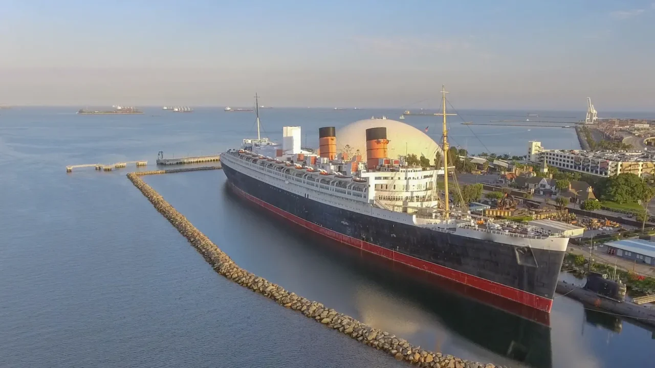amazing aerial view of queen mary docked in long beach