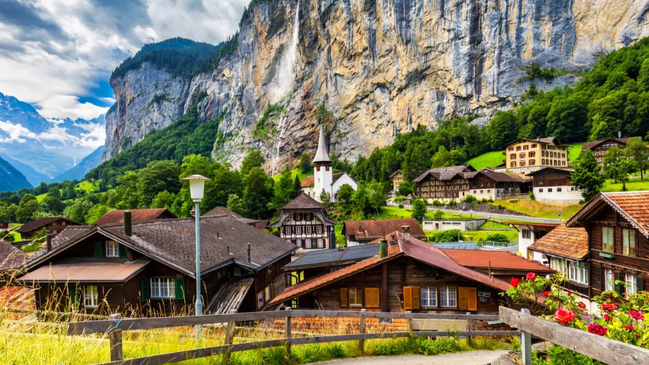 amazing summer landscape of touristic alpine village lauterbrunnen with famous