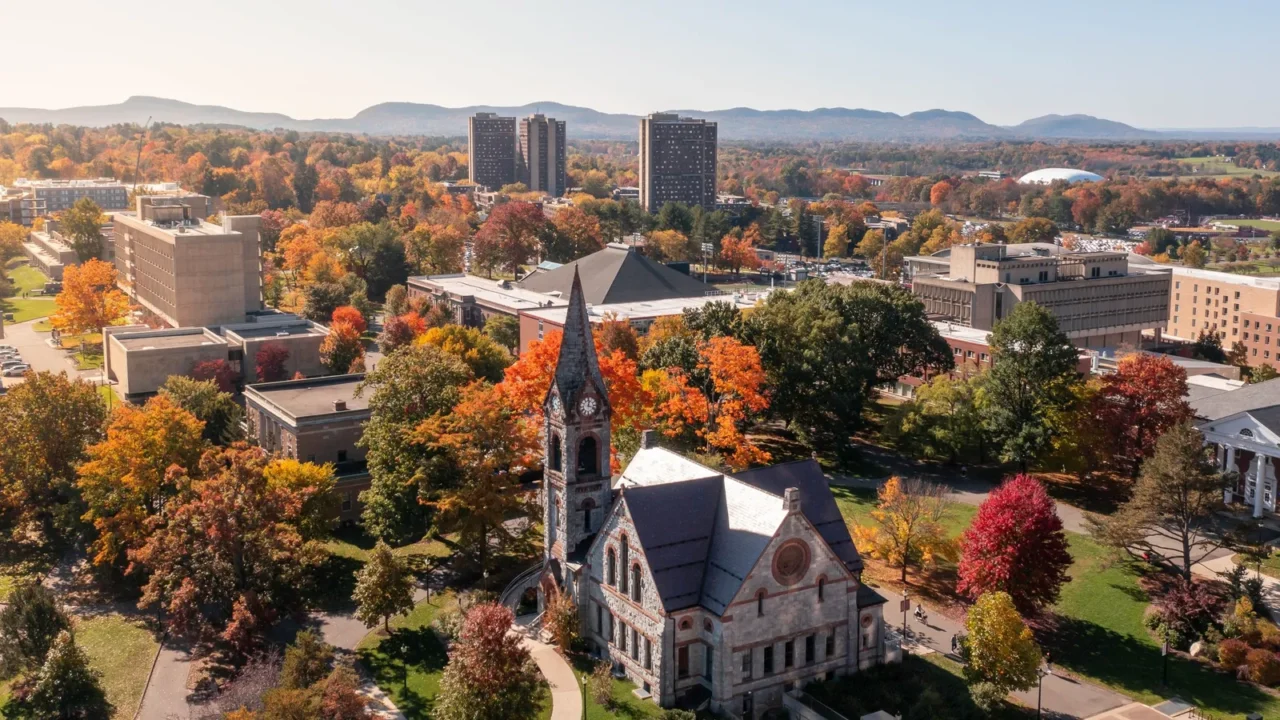 an aerial shot of the university of massachusetts amherst campus