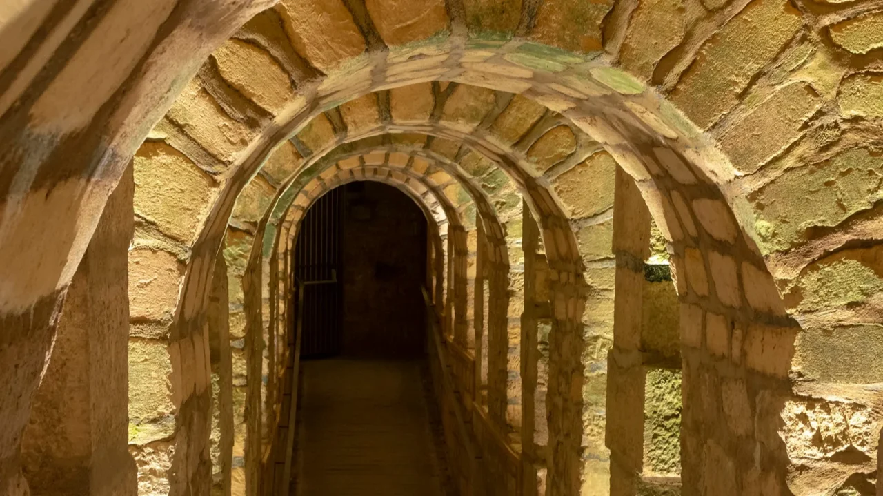 arched stone tunnel in the paris catacombs