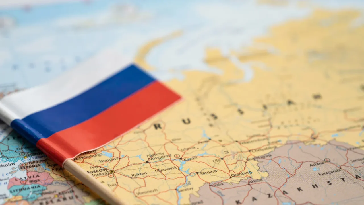 bangkok thailand december 7 2023 russia flag on world map