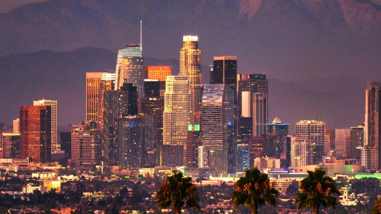 beautiful evening view of downtown los angeles and palm trees