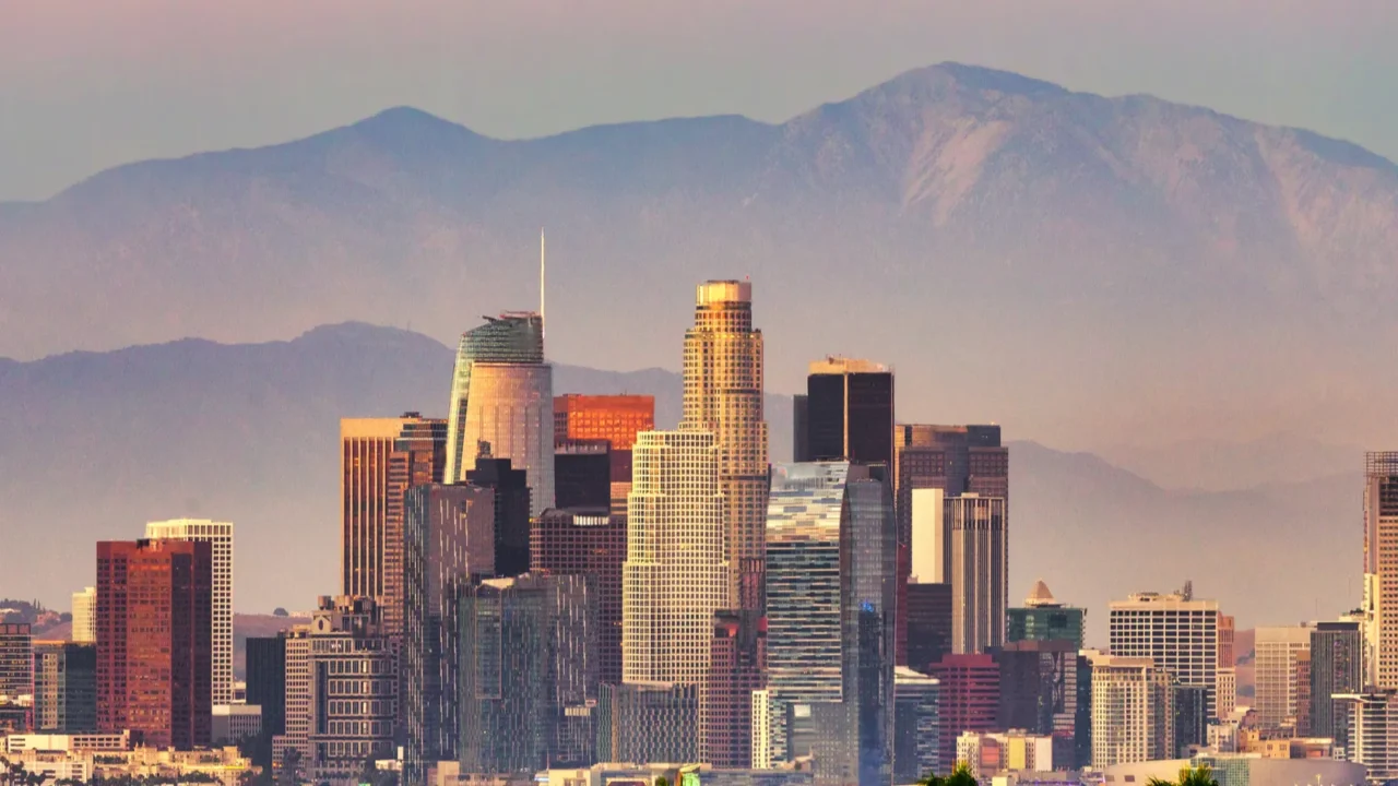 beautiful evening view of downtown los angeles and palm trees