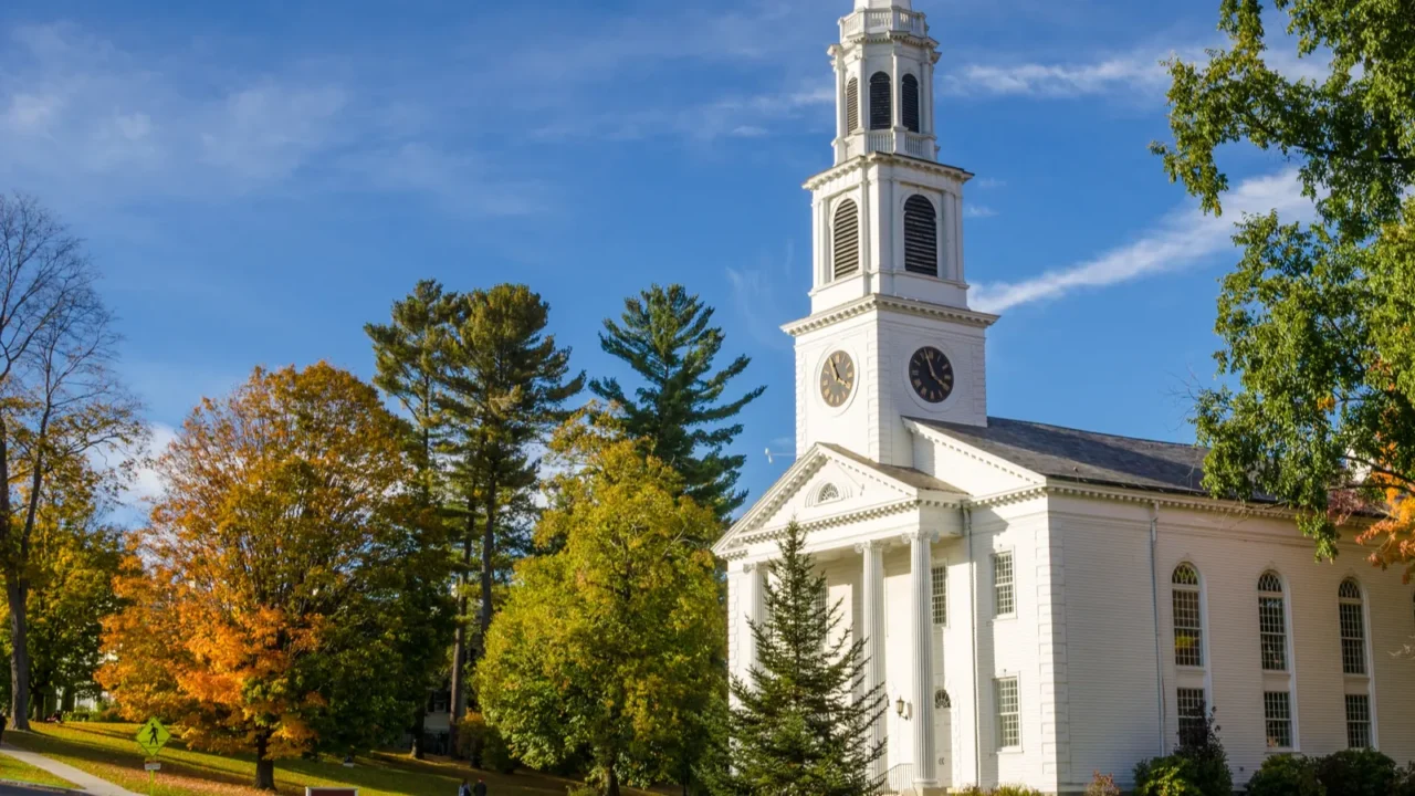 beautiful white church and autumn colours