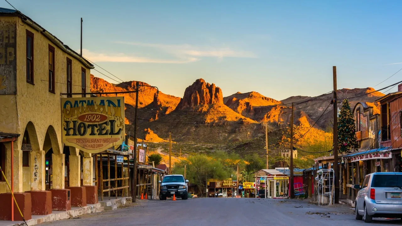 buildings and view of distant mountains on main street in