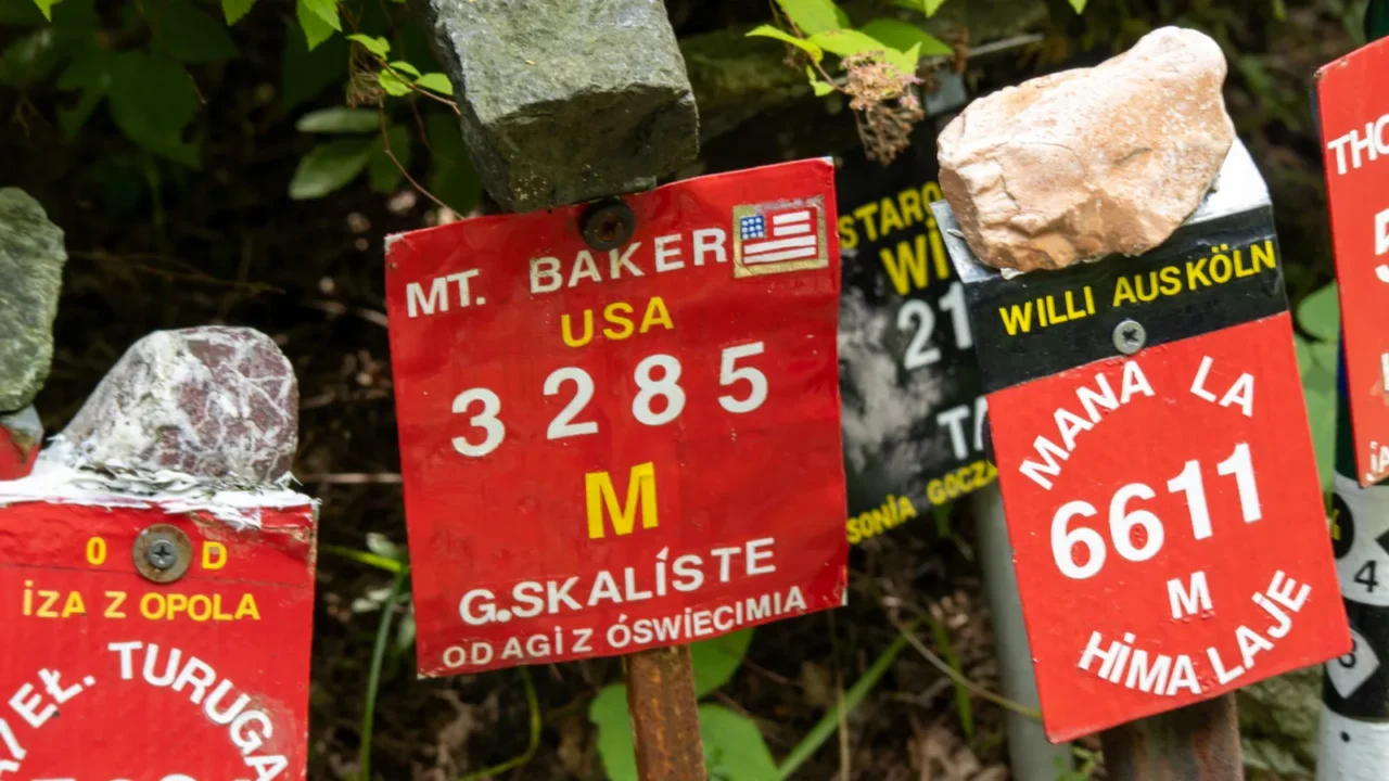 colorful mountain summit signs with heights and names from around