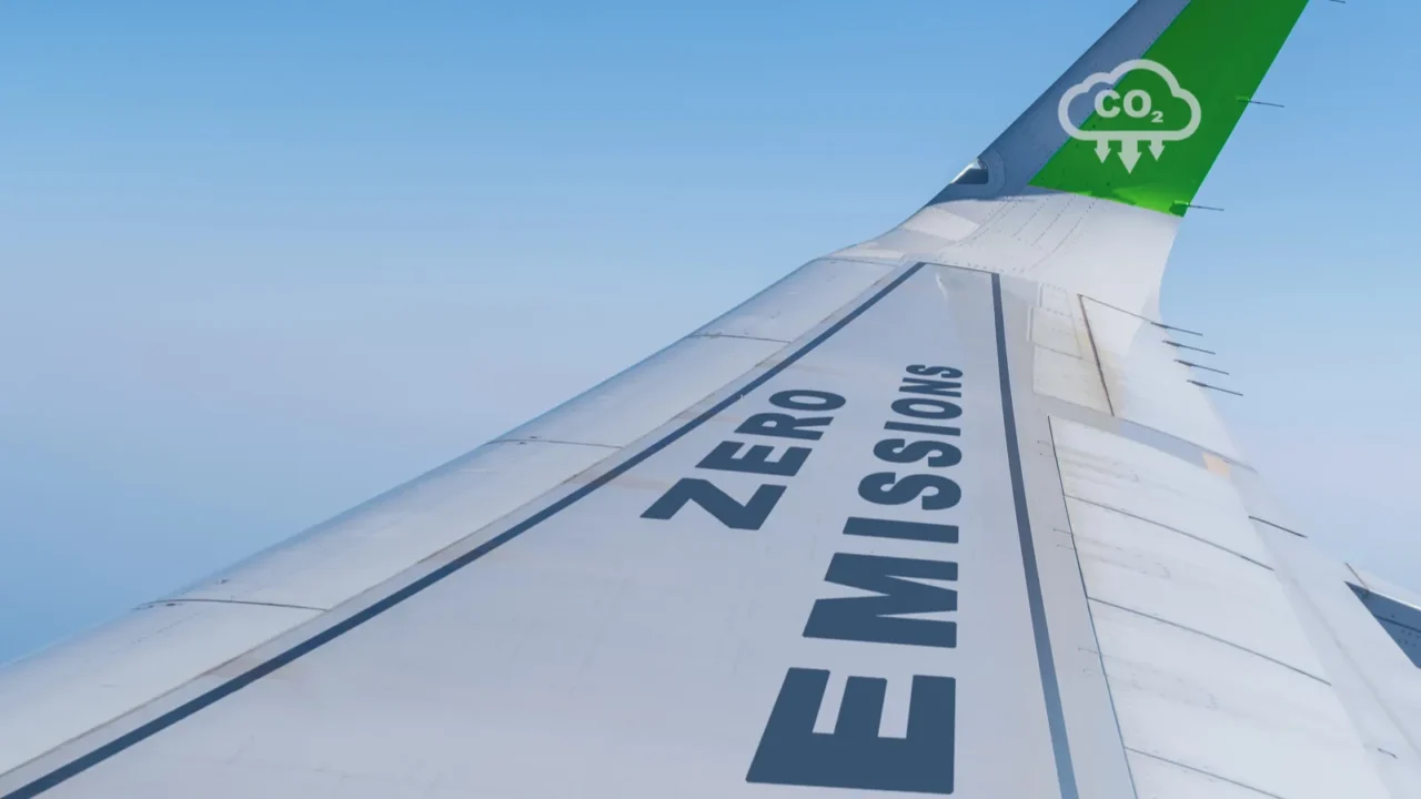 commercial aircraft wing with zero emissions and co2 reduction icon