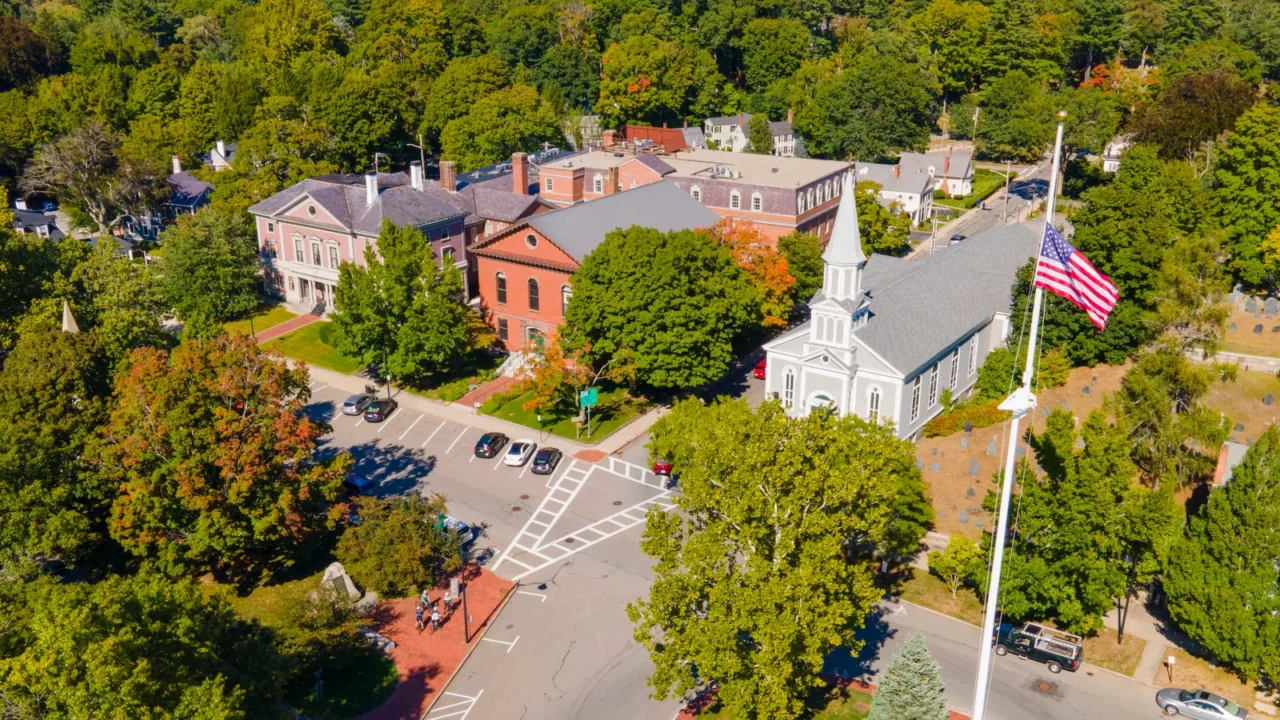 concord monument square aerial view including holy family parish church