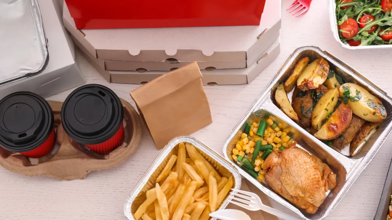 containers with tasty takeout meals on light background top view