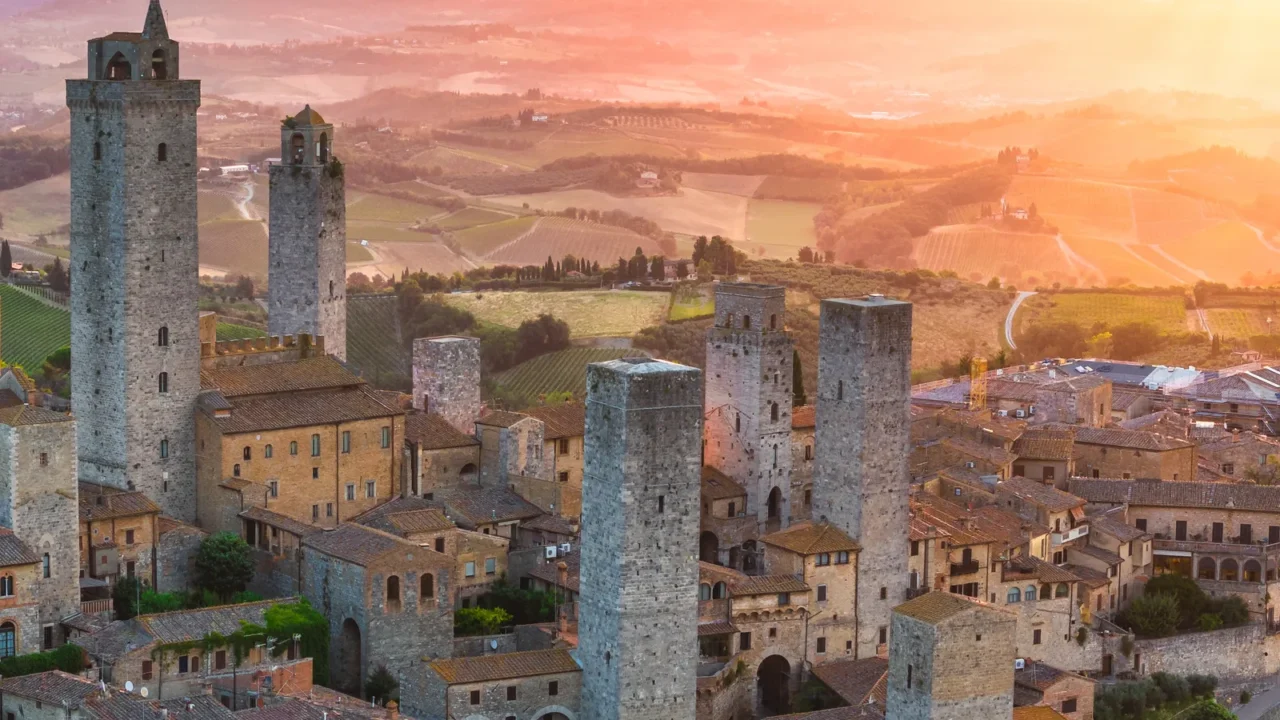 defaultaerial view of san gimignano medieval town towers skyline and